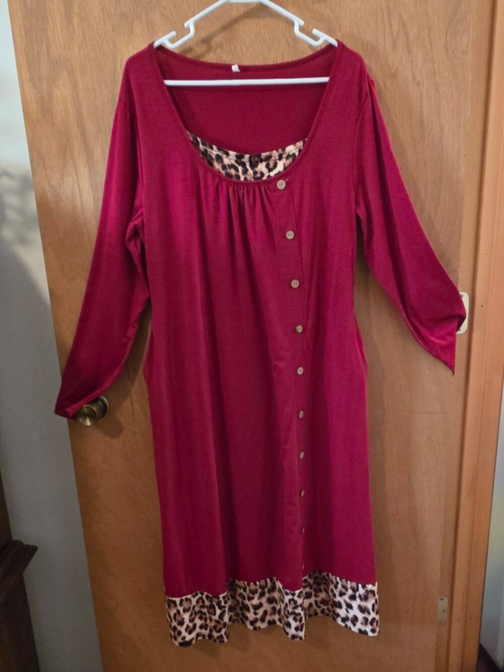 Leopard Print Faux Twinset Dress, Casual Long Sleeve Button Decor Dress